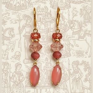 Victorian Pink Opalite In Glass Dangle Earrings In Gold Plated